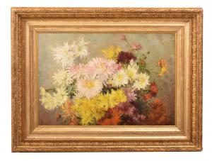 NATURA MORTA DI FIORI CON CRISANTEMI E MARGHERITE, QUADRI ANTICHI, OLIO SU TELA, XIX. (QF745)   